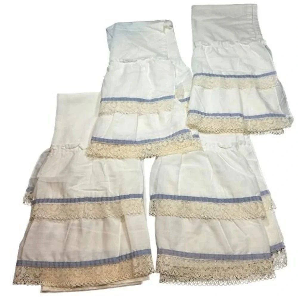 Vintage White Ruffled Cafe Curtains Lace Trim Blue Ribbon Made in USA 36x28 4pc